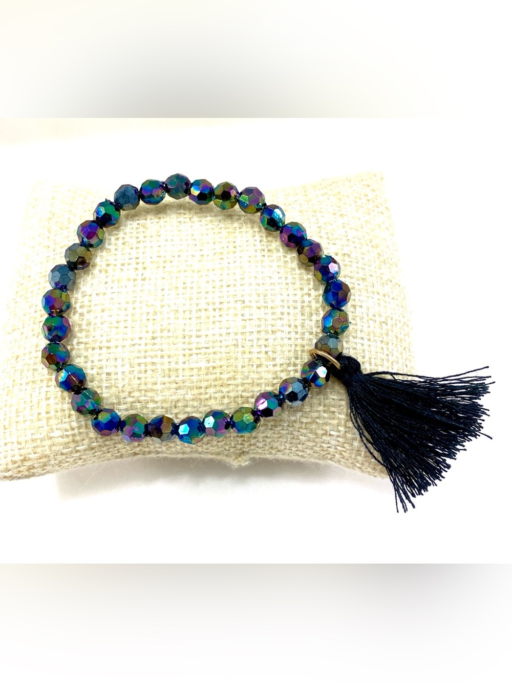 Iridescent Peacock Oil Slick Faceted Crystal Bead Fabric Tassel Stretch Bracelet